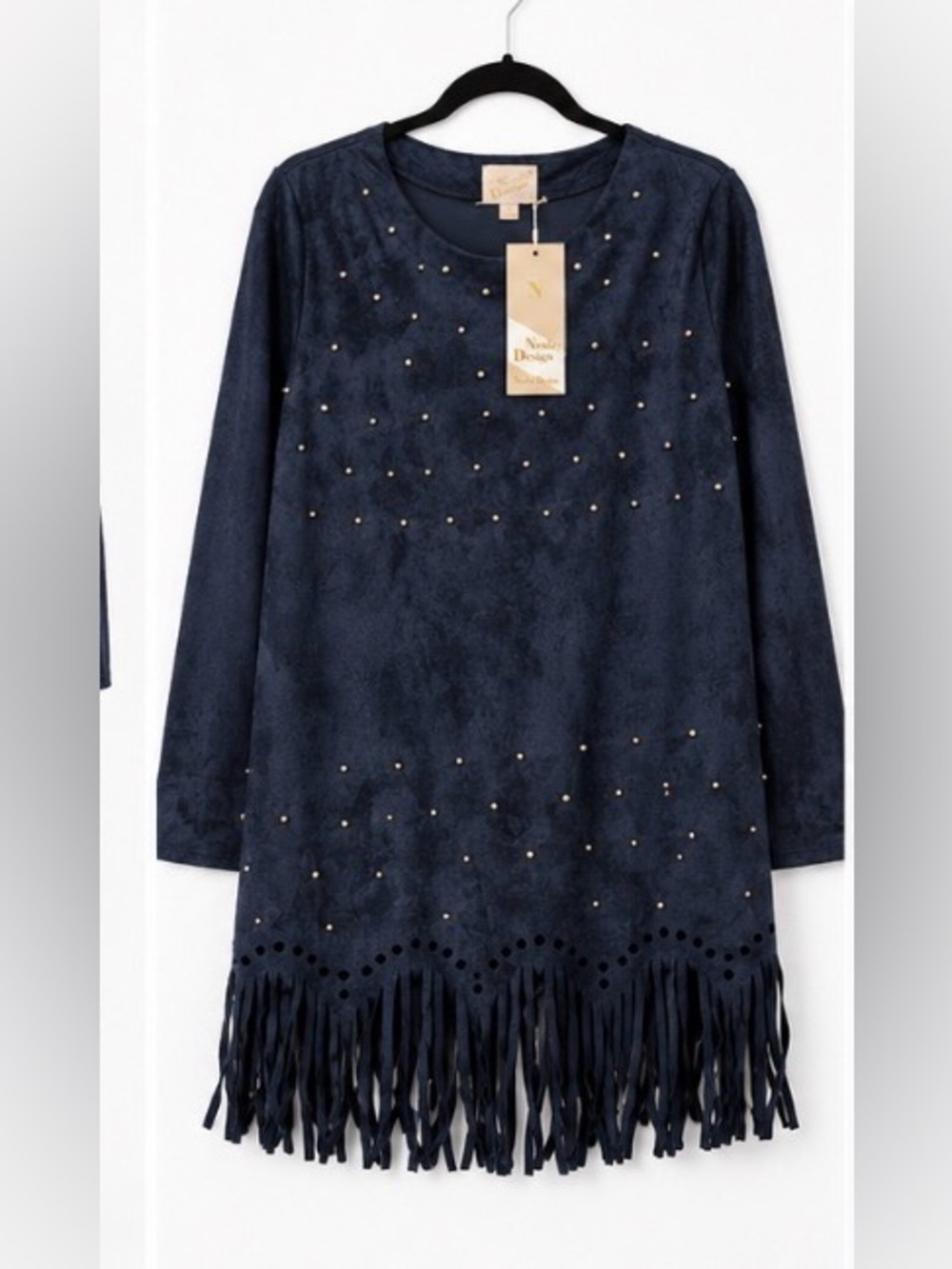 Neslay Design Navy Faux Suede Studded Fringe Boho Western Dress L NWT